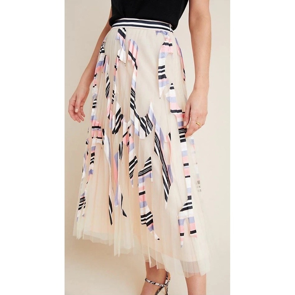 NWT Anthropologie Pleated Tulle Skirt Geisha Designs Midi Applique Mae XLP NEW‎